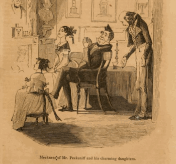 An illustration by Phiz showing the character of Mr Pecksniff and his daughters